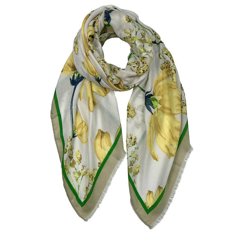Scarf, Solid Border Floral Print Yellow