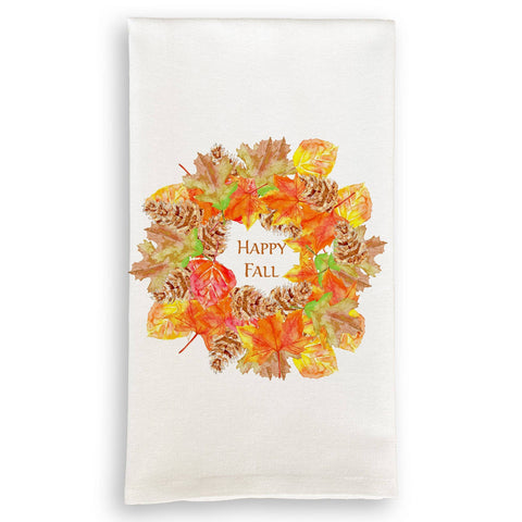 Tea Towel, Fall Leaf Wreath with Happy Fall