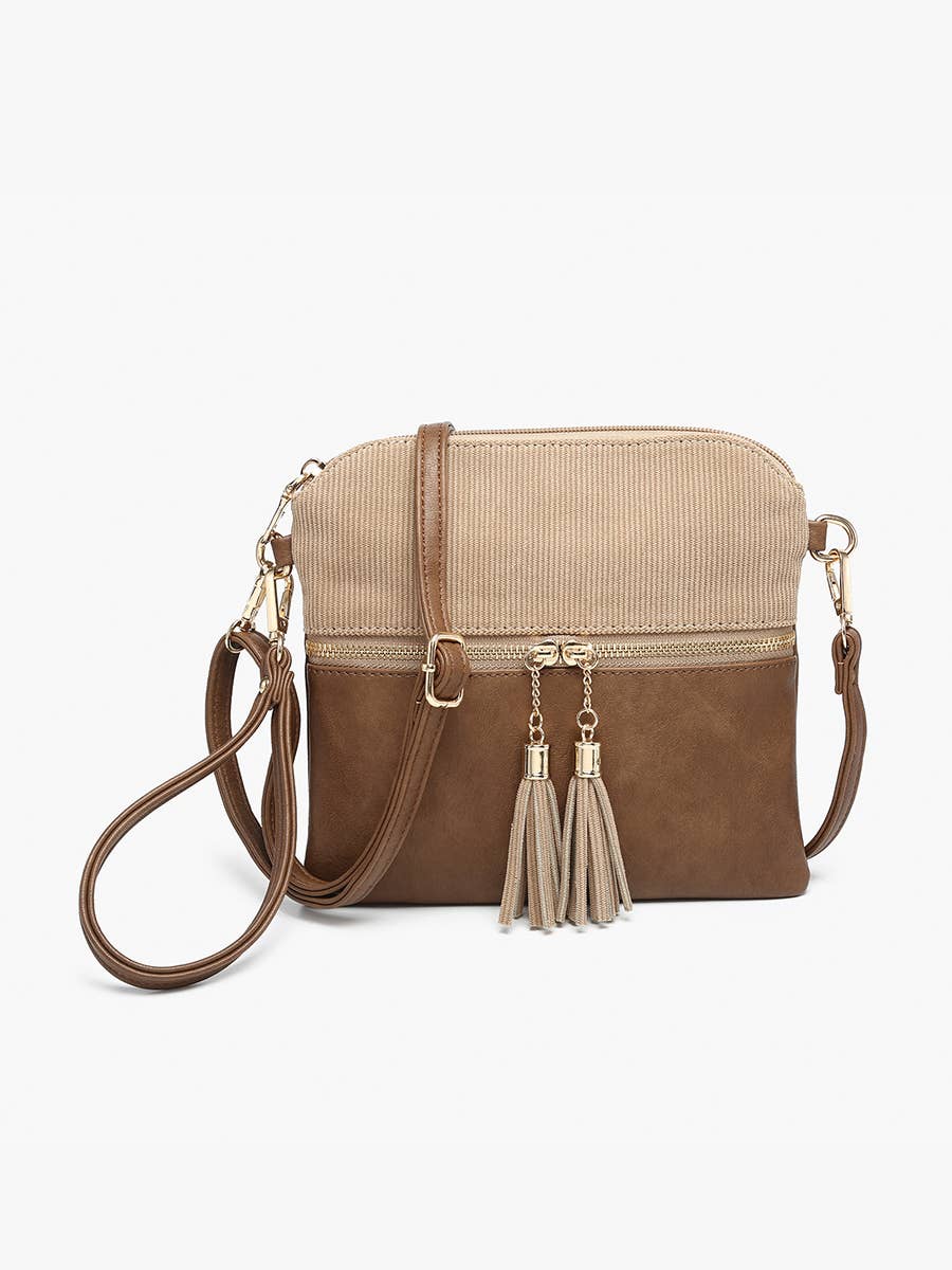 Crossbody, Tara Corduroy Dual Zip : Khaki/Brown
