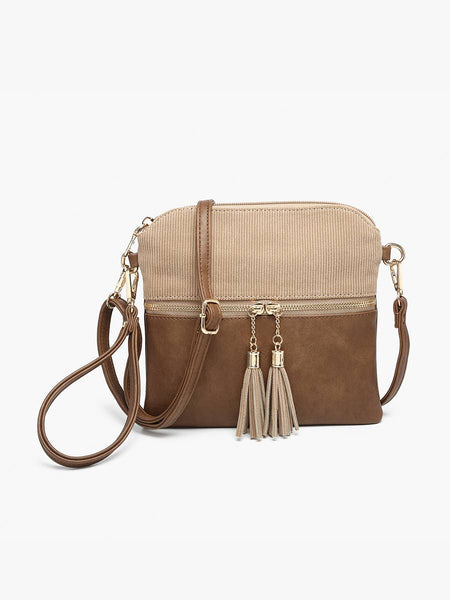 Crossbody, Tara Corduroy Dual Zip : Khaki/Brown
