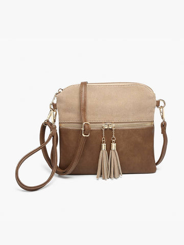 Crossbody, Tara Corduroy Dual Zip : Khaki/Brown