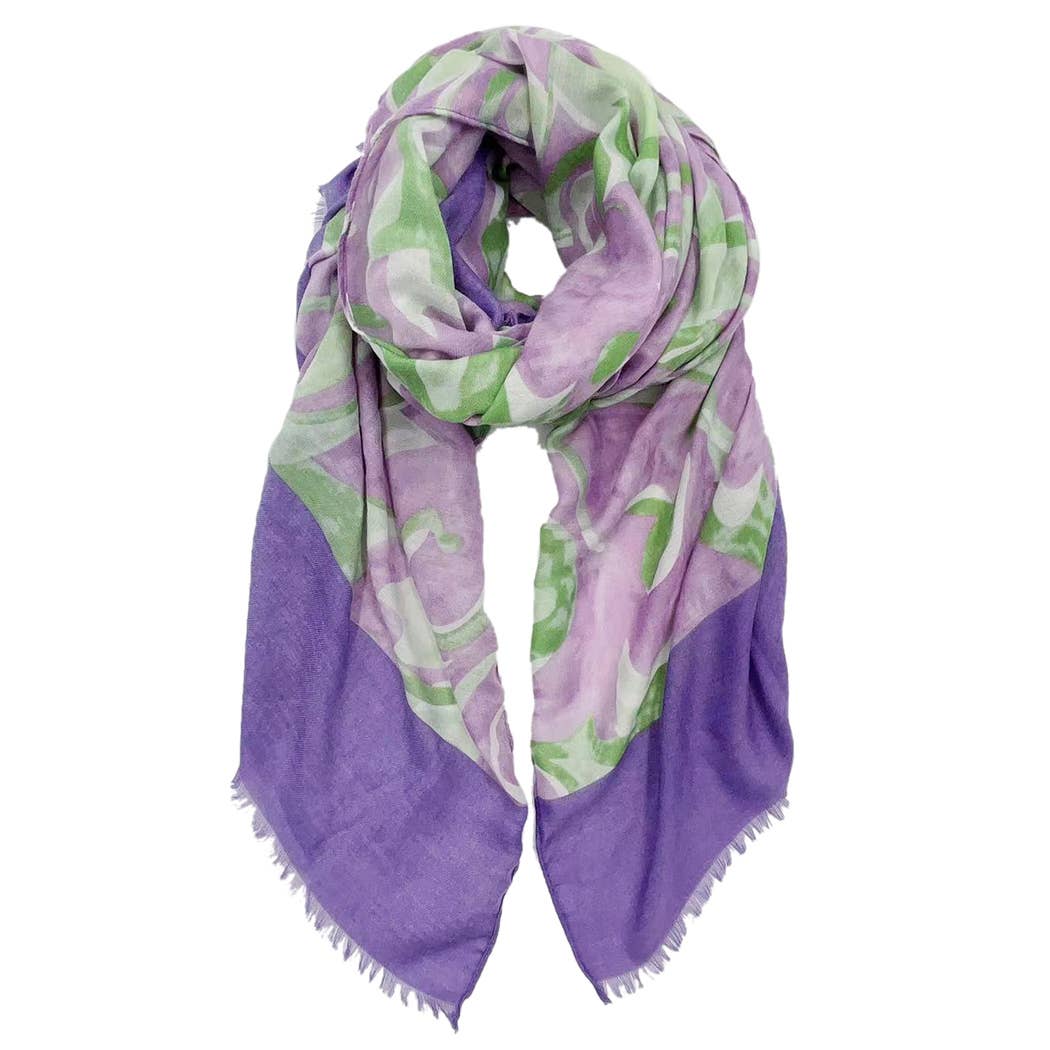 Scarf, Bordered Swirl Print Purple