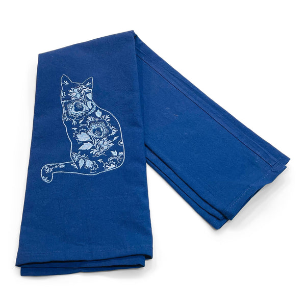 Tea Towel, Embroidered Chinoiserie Cat