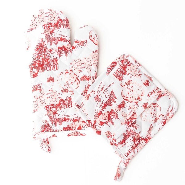 Santa Toile Oven Mitt Set