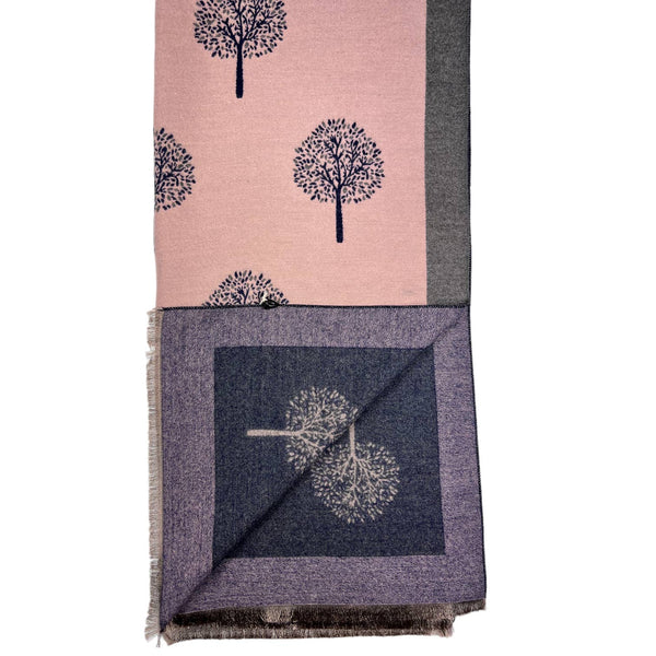 Scarf, Small Tree Print With Border, Cashmere Blend, Pink/Gray