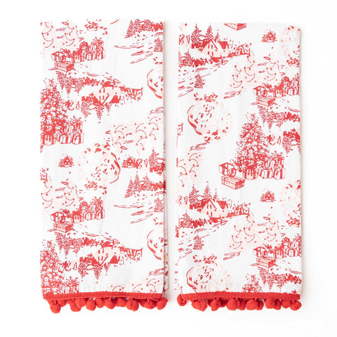 Santa Toile Tassel Kitchen Towel Set/2