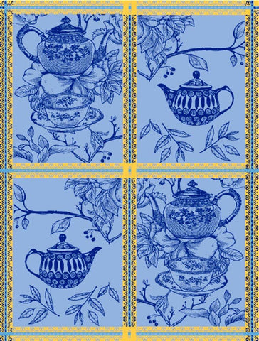 Tea Towel, Blue Teapots Four-Panel Jacquard