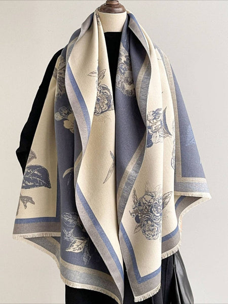 Scarf, Vintage Floral Print: Beige/Blue