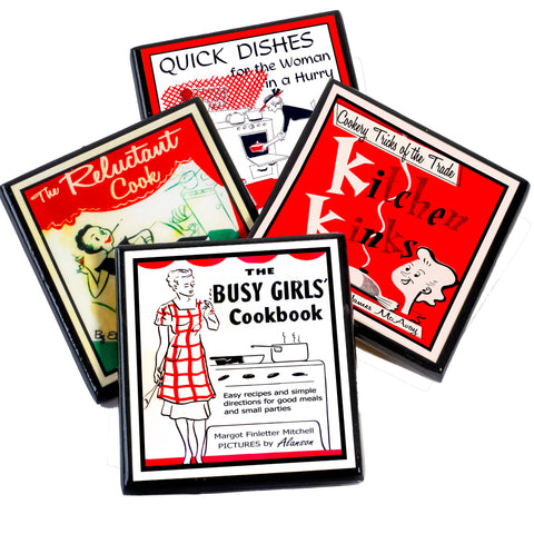Coaster Set, Funny Vintage Cookbook Cover Kitchen