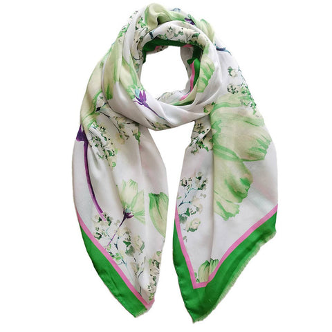 Scarf, Solid Border Floral Print Green