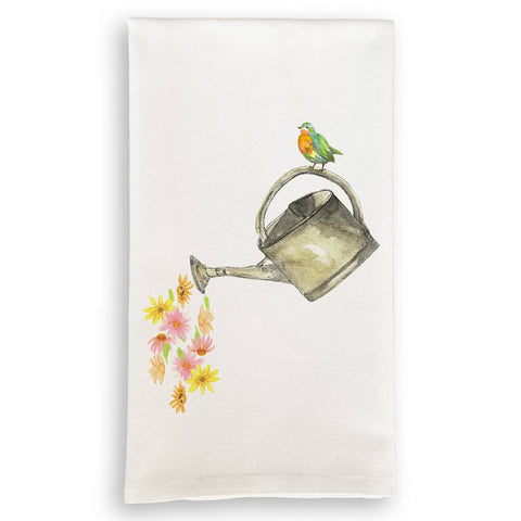 Tea Towel, Watering Can with Bird and Flowers