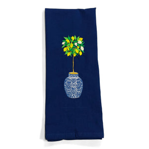 Tea Towel, Lemon Tree in Blue and White Planter Pot