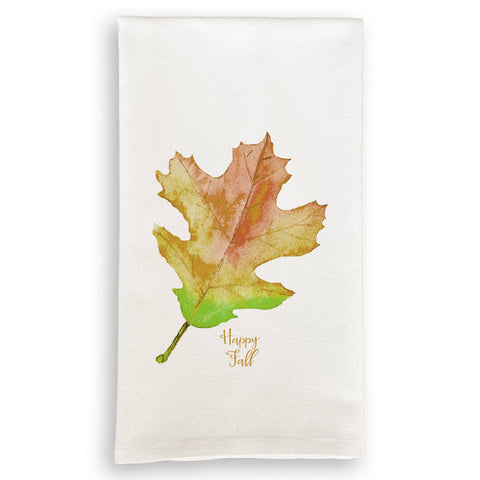 Tea Towel, Brown Oak Leaf "Happy Fall"