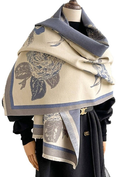 Scarf, Vintage Floral Print: Beige/Blue