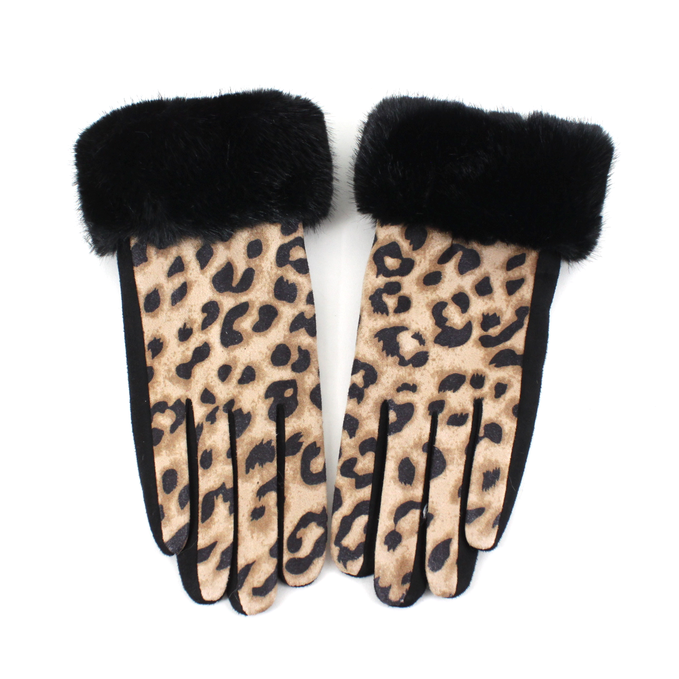 Gloves, Leopard w/Faux Fur, Beige/Black