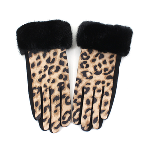 Gloves, Leopard w/Faux Fur, Beige/Black