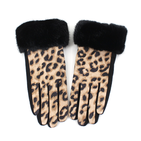Gloves, Leopard w/Faux Fur, Beige/Black