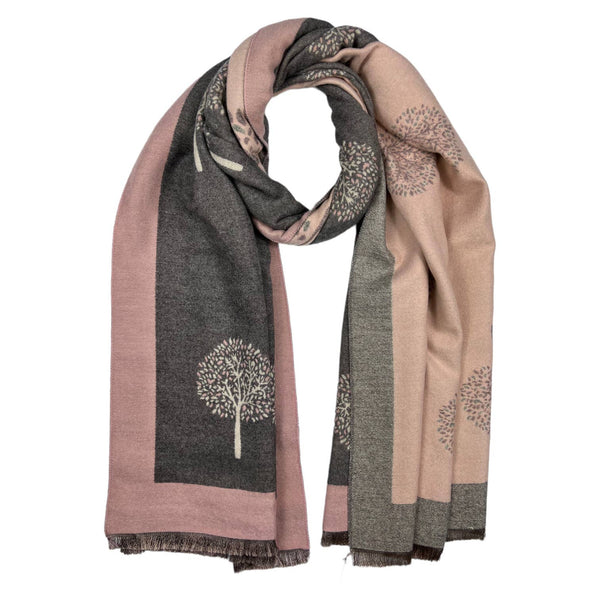Scarf, Small Tree Print With Border, Cashmere Blend, Pink/Gray