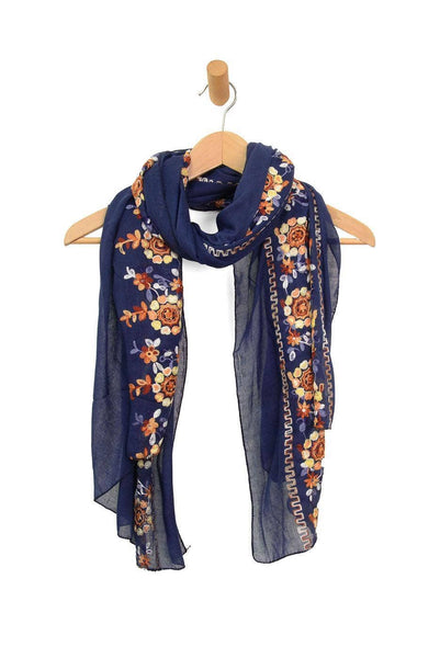 Scarf, Embroidered Floral Navy