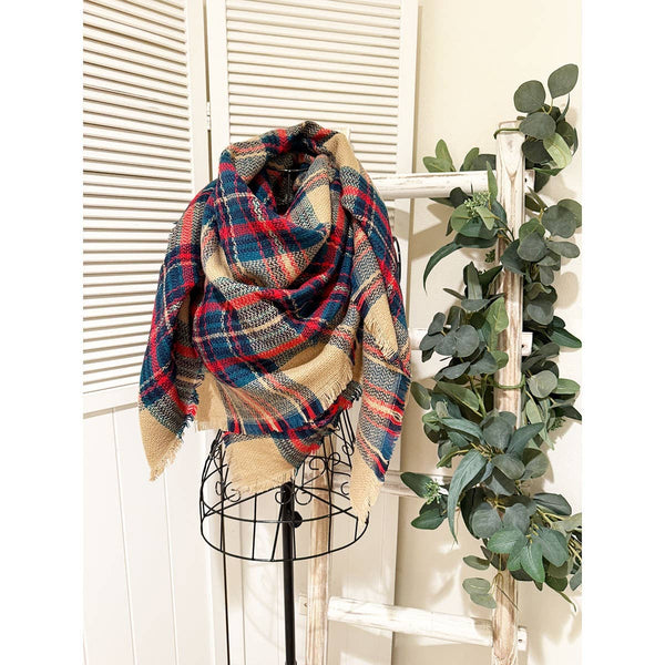 Blanket Scarf, Plaid Camel/Red