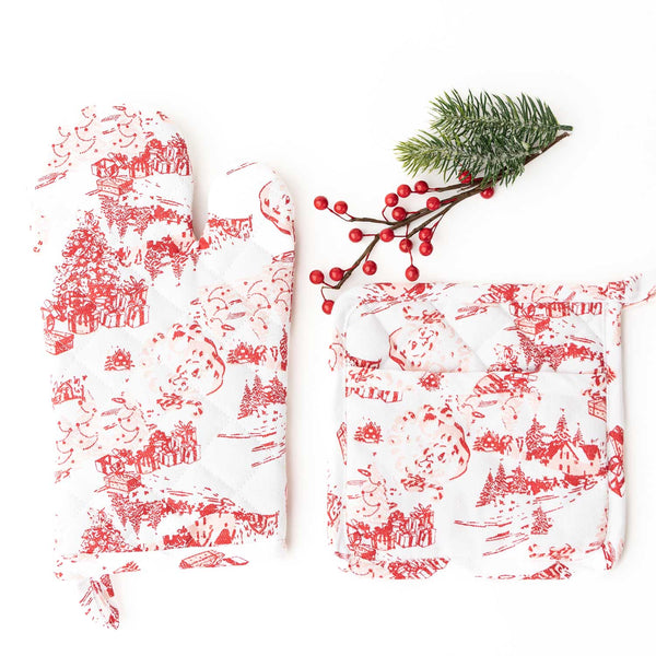 Santa Toile Oven Mitt Set