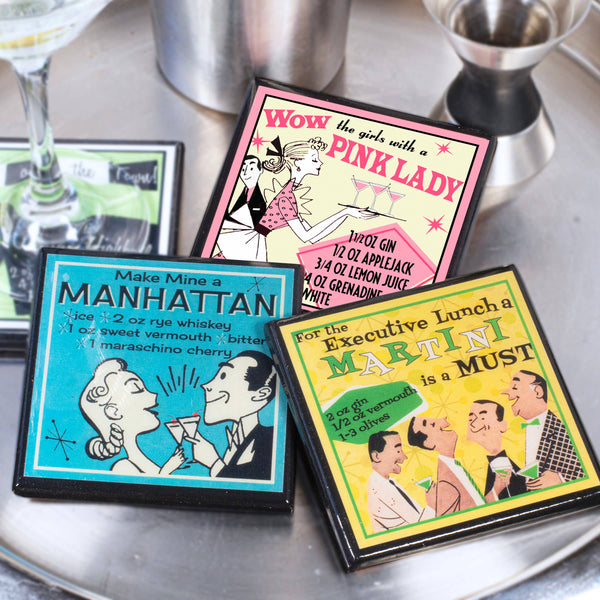 Coaster Set, Retro Cocktail Recipe Drink