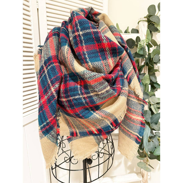 Blanket Scarf, Plaid Camel/Red