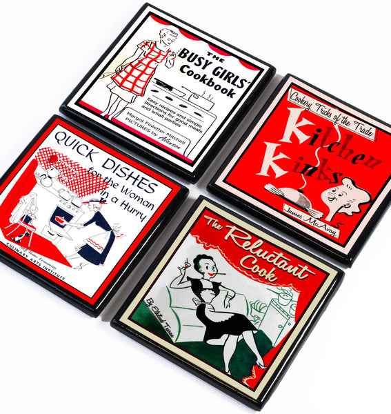 Coaster Set, Funny Vintage Cookbook Cover Kitchen