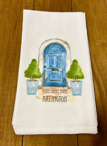 Tea Towel, Blue Door with Topiaries Home Sweet Home Arlington