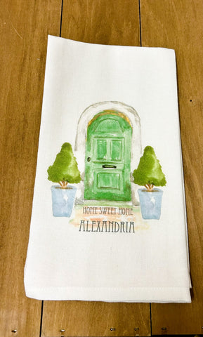 Tea Towel, Green Door with Topiaries Home Sweet Home Alexandria