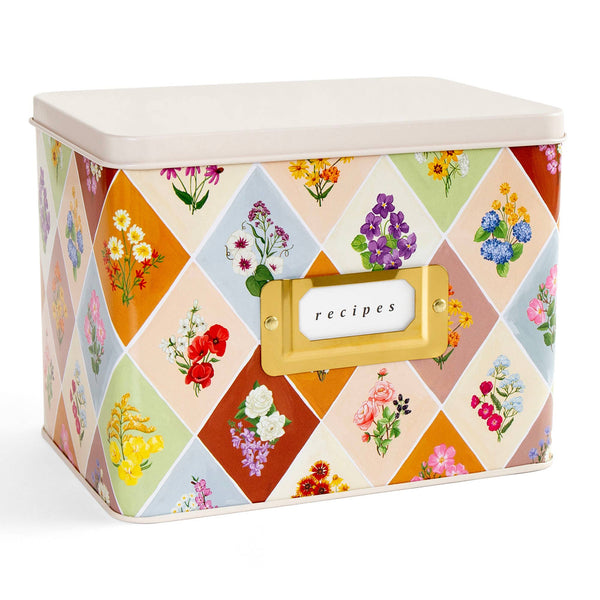 Vintage Blooms Floral Tin Recipe Box with Cards