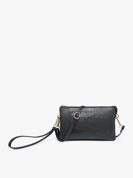 Crossbody/Wristlet, Riley Lizard 3 Compartment Black