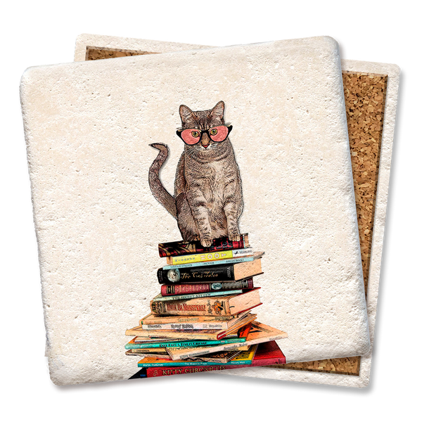 Coaster, Cat Sitting on Books