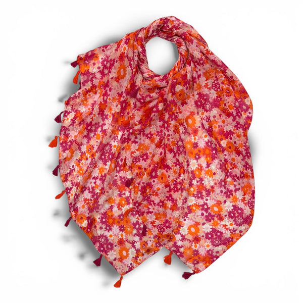 Scarf, Meadow Floral with Tassels: Red