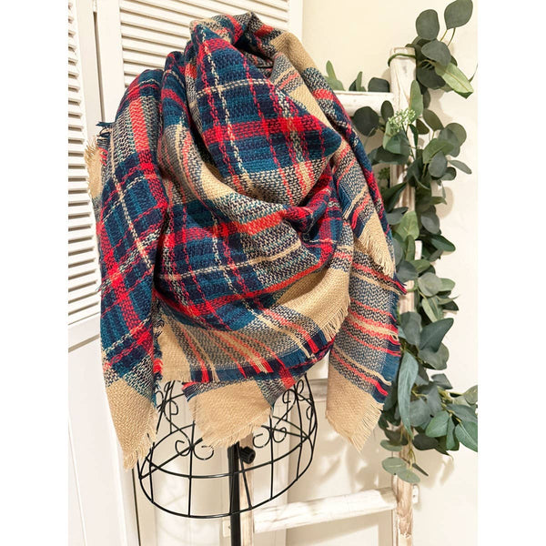 Blanket Scarf, Plaid Camel/Red