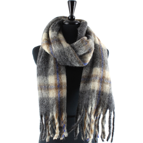 Scarf, Large Fuzzy Plaid Black/Blue