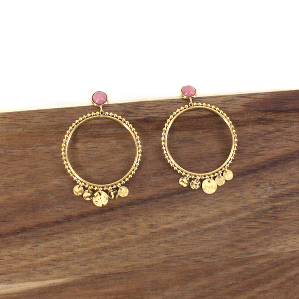 Earrings, Round Stone Dangle, Rose