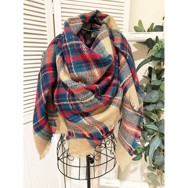 Blanket Scarf, Plaid Camel/Red