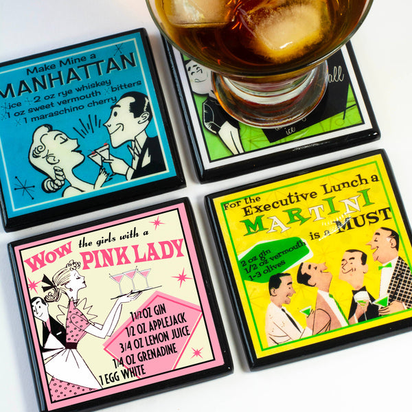Coaster Set, Retro Cocktail Recipe Drink