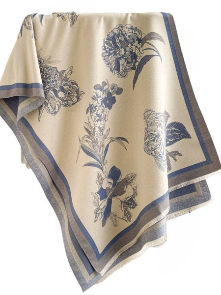 Scarf, Vintage Floral Print: Beige/Blue