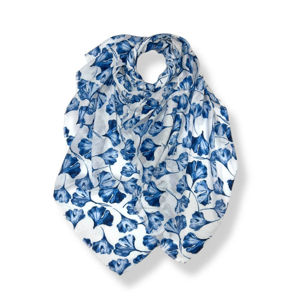 Scarf, Ginko Leaves Print  Blue