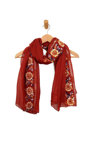 Scarf, Embroidered Floral Scarlet