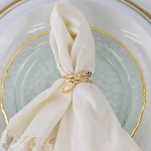 Napkin Ring, Acorn Branch  Matte Gold   2"