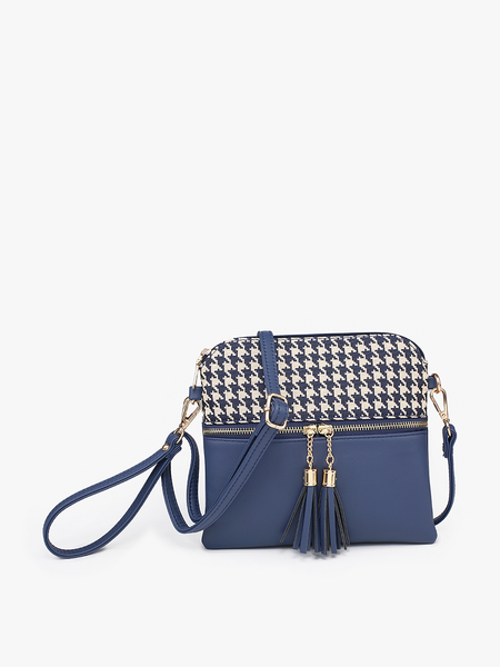 Crossbody, Tara 2 Tone Houndstooth w/ Front Zip Pocket: Blue