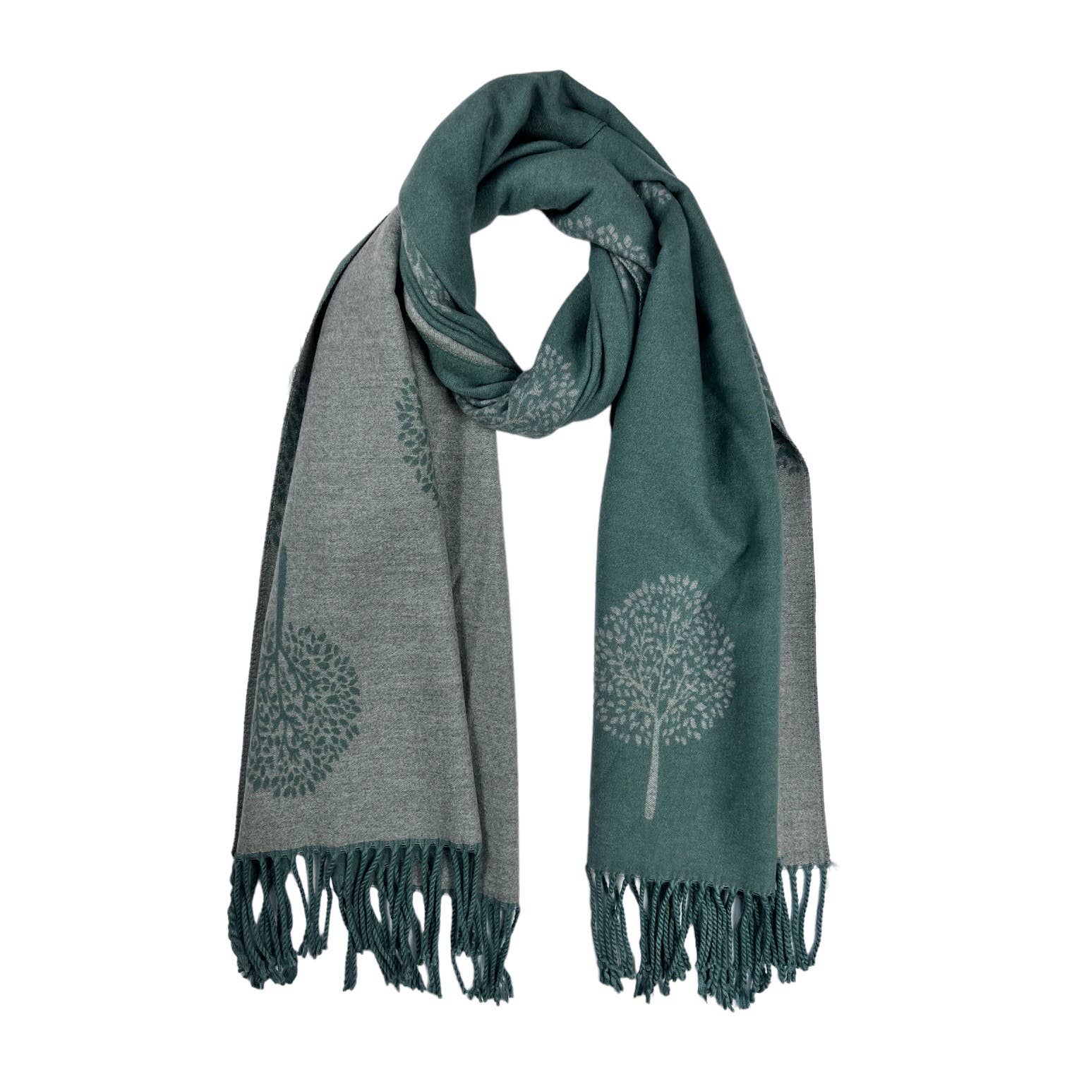 Scarf, Reversible Tree of Life Cashmere Blend with Fringe, Teal