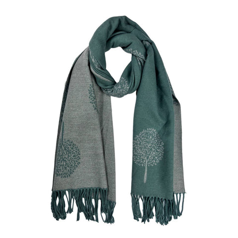Scarf, Tree Print Cashmere Blend with Fringe, Teal