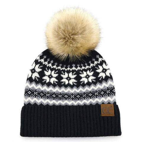 Beanie, Nordic Fair Isle Black with Pom-Pom