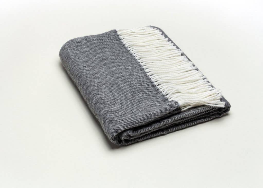 Throw, Fringed Herringbone, Charcoal Gray