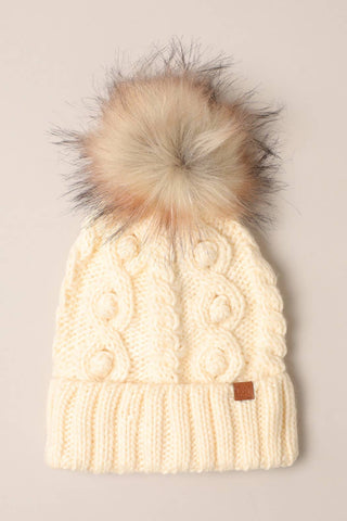 Beanie w Faux Fur Pom, Cream