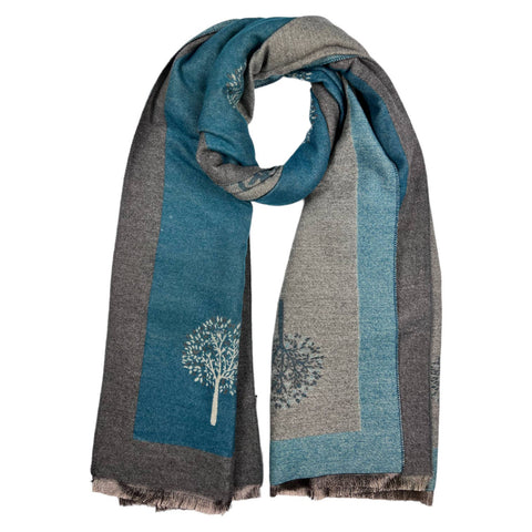Scarf, Small Tree Print Cashmere Blend, Charcoal/Teal